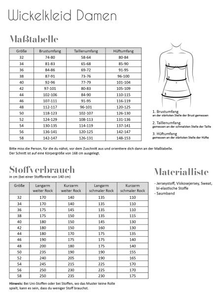Maßtabelle und Stoffverbrauch Papierschnittmuster Wickelkleid, Fadenkäfer